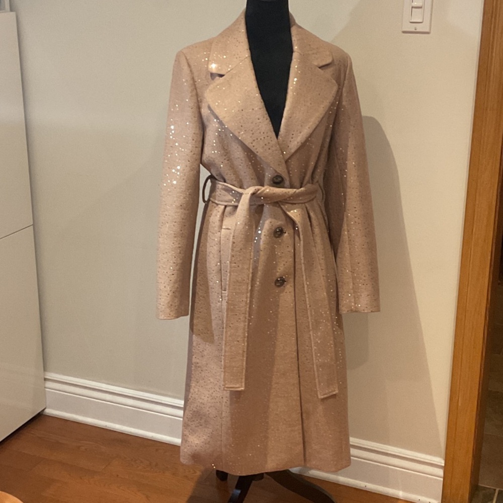 UCHUU Montreal Sparkling Beige Sequin Belted Coat